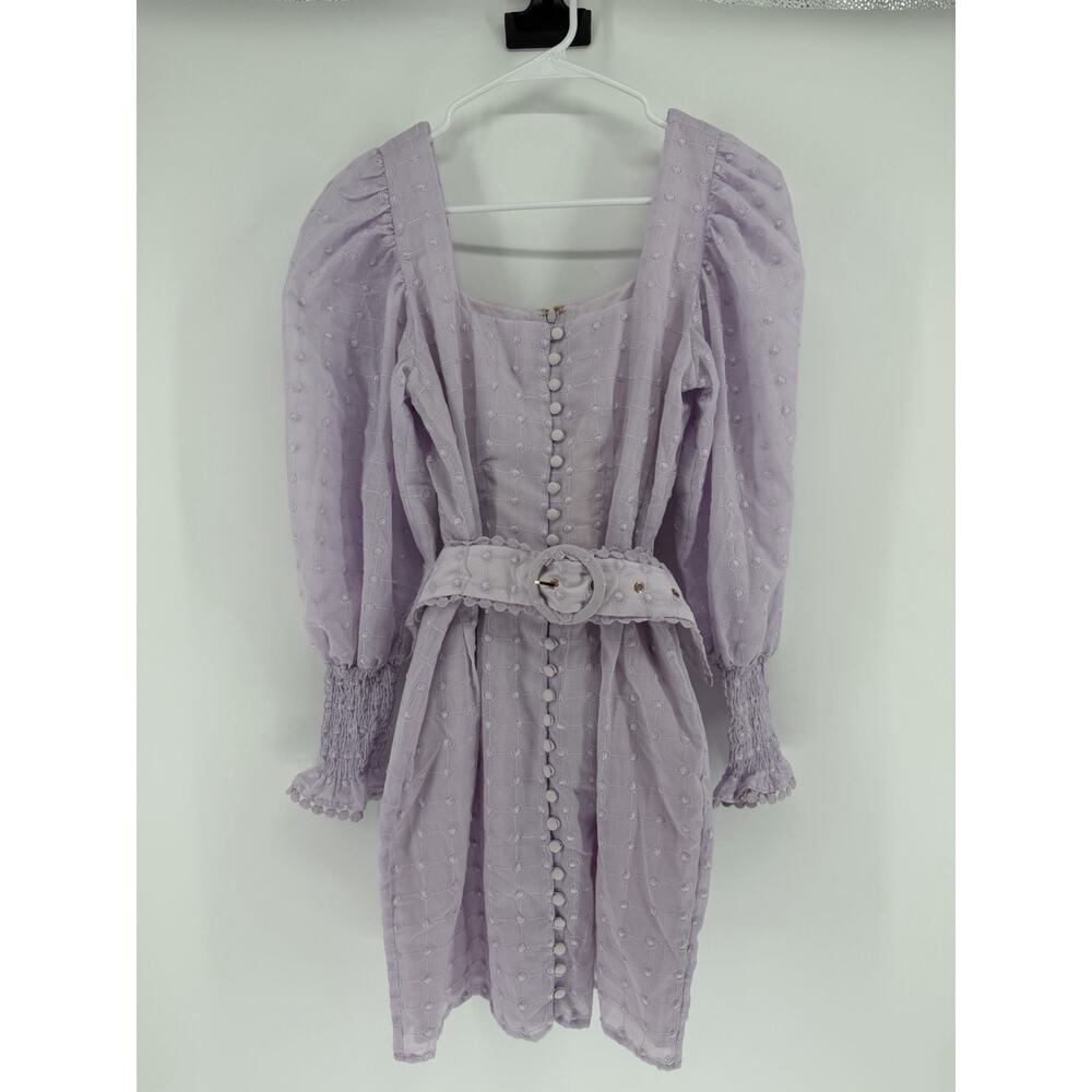 SABO Belted Larose Dress Lilac Square Neckline Puff Sleeves Vintage Flair Size 4 - Picture 2 of 11